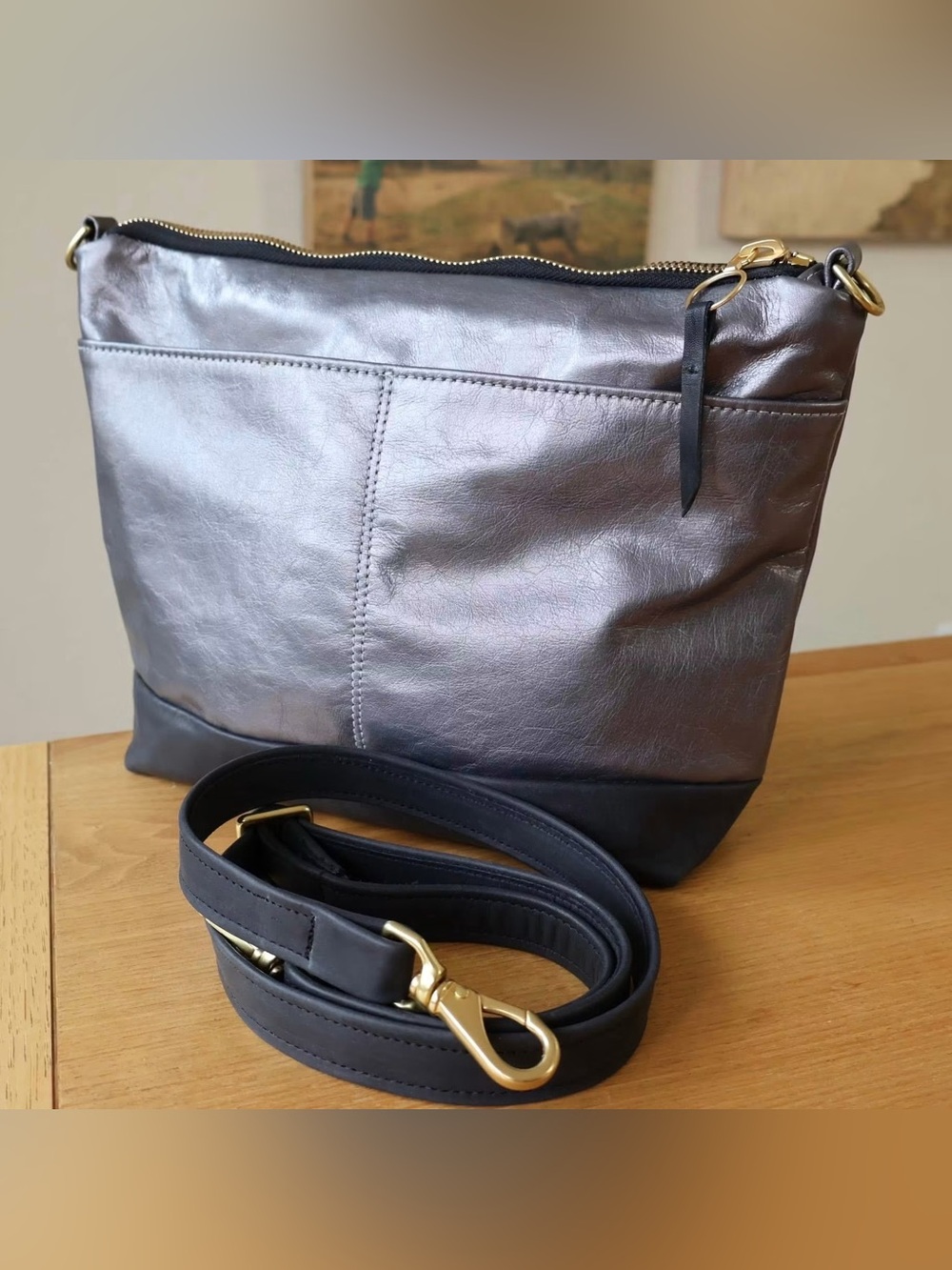 Avery Raise Case Metallic Gray Leather Crossbody Bag with Gold Hardware